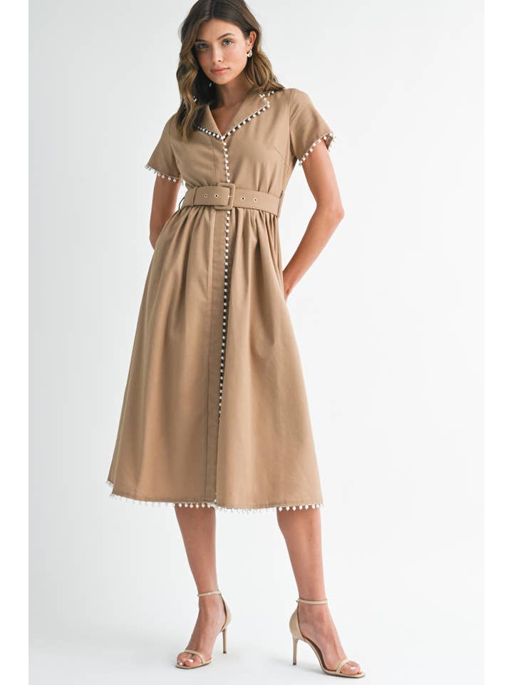 Pearl Trim Belted Midi Dress - Light Mocha