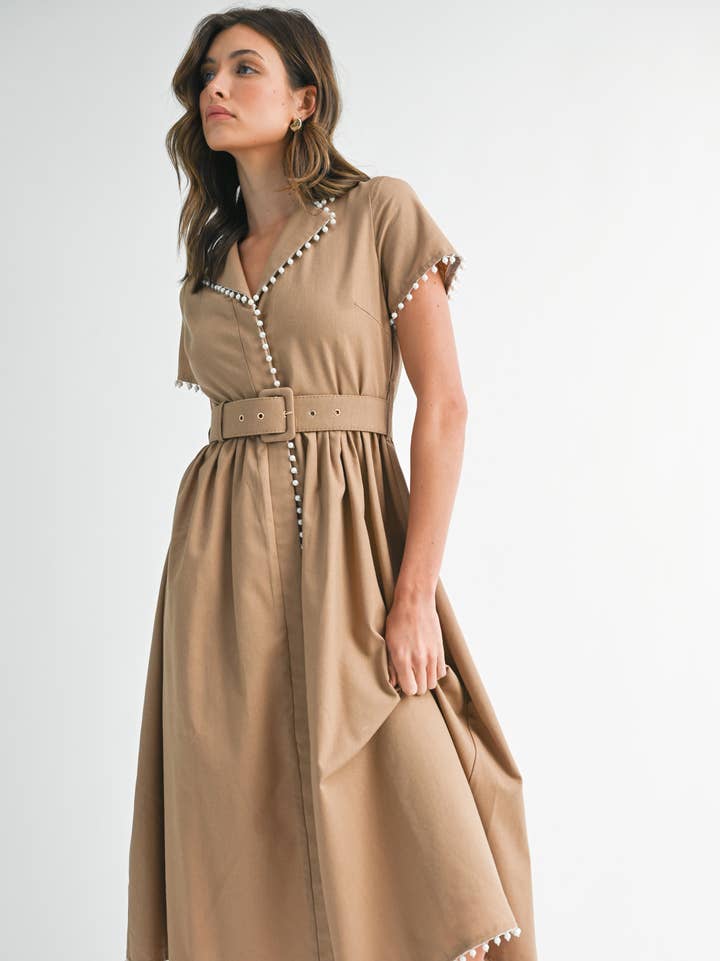 Pearl Trim Belted Midi Dress - Light Mocha