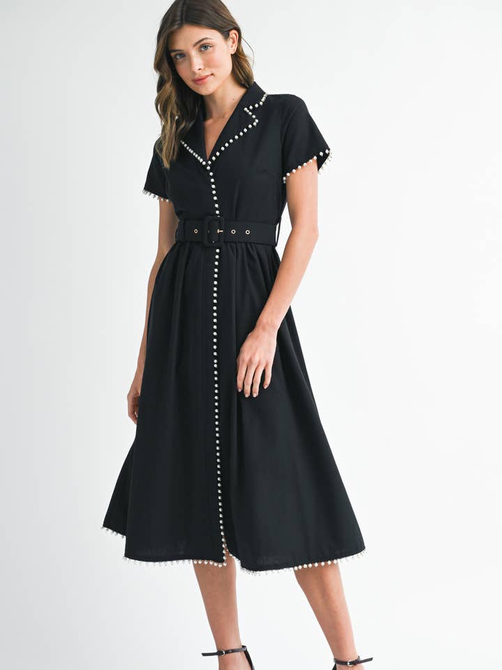 Pearl Trim Belted Midi Dress - Black
