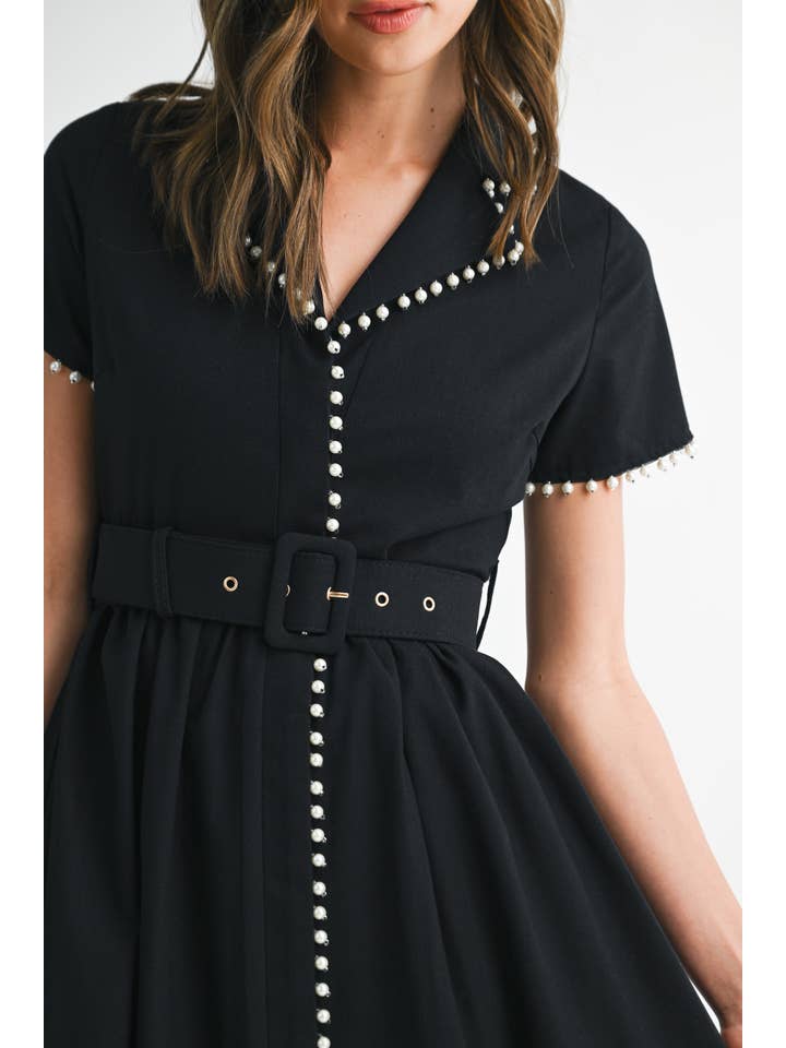 Pearl Trim Belted Midi Dress - Black