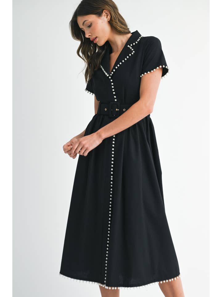 Pearl Trim Belted Midi Dress - Black