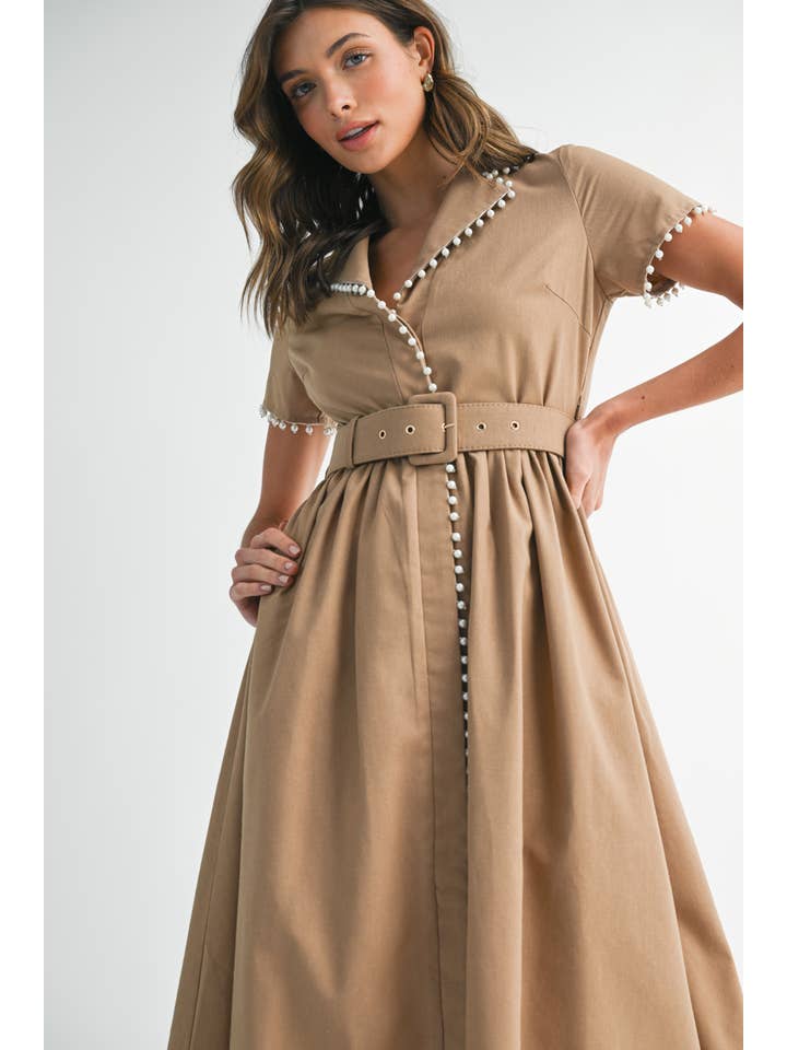 Pearl Trim Belted Midi Dress - Light Mocha