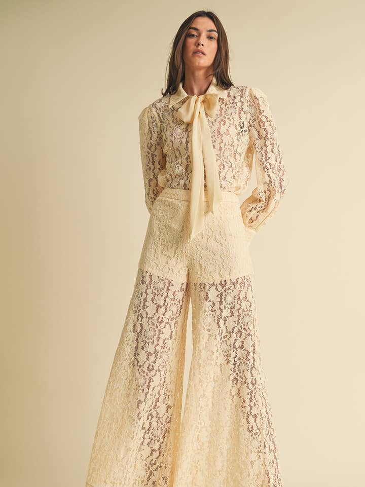 Wide Leg Lace Pants - Cream