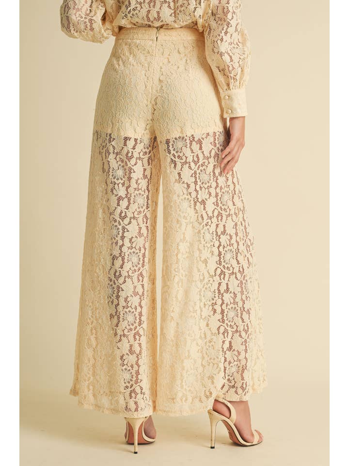 Wide Leg Lace Pants - Cream