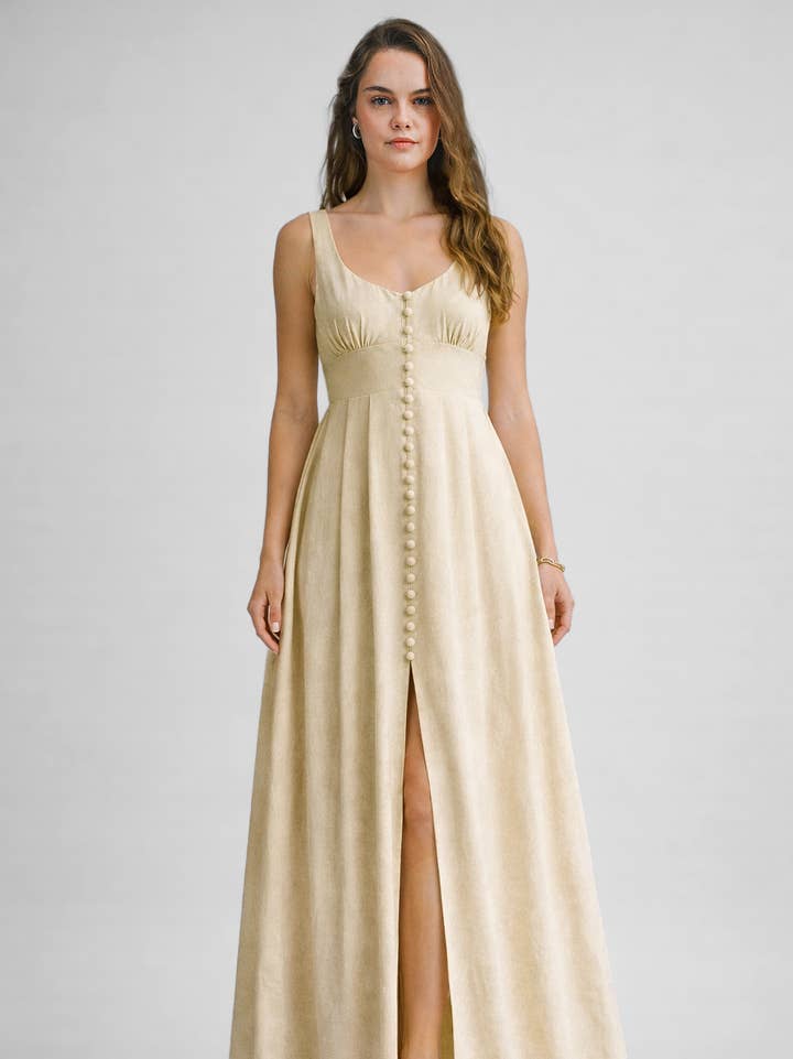 Button Front Bow Back Maxi Dress - Cream