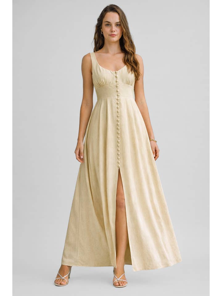 Button Front Bow Back Maxi Dress - Cream