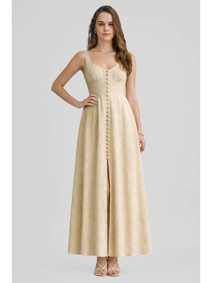 Button Front Bow Back Maxi Dress - Cream