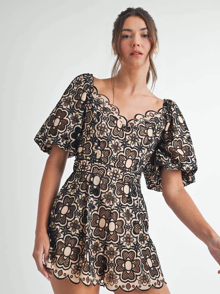 Short Sleeve Crochet Romper - Taupe / Black