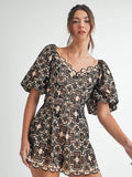Short Sleeve Crochet Romper - Taupe / Black