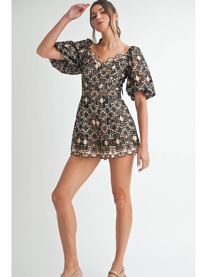 Short Sleeve Crochet Romper - Taupe / Black