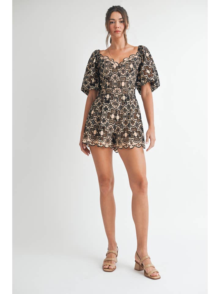 Short Sleeve Crochet Romper - Taupe / Black