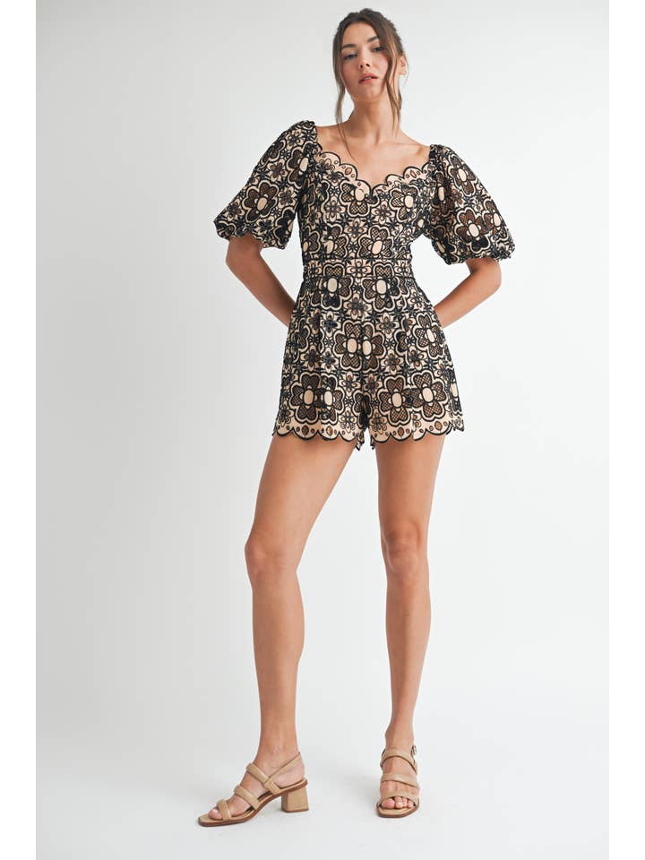 Short Sleeve Crochet Romper - Taupe / Black