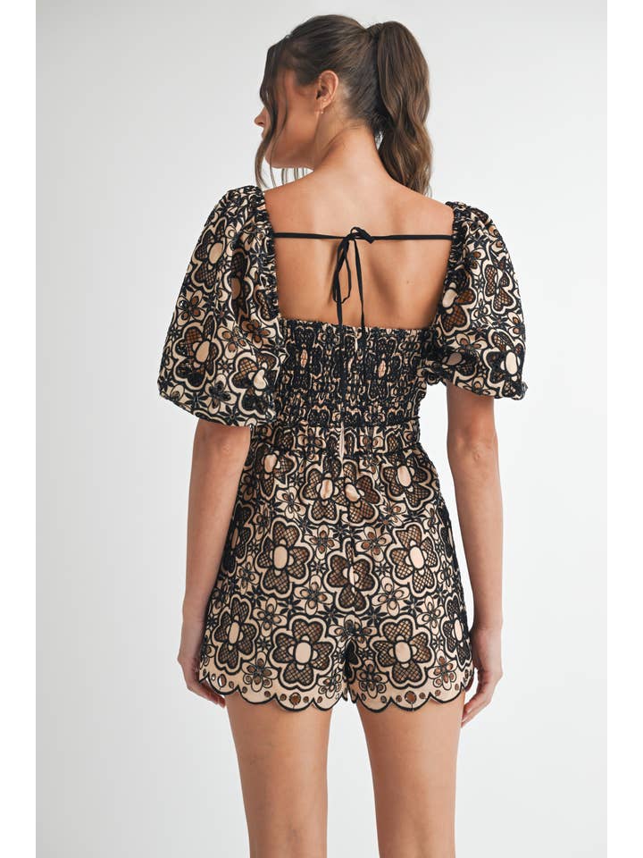 Short Sleeve Crochet Romper - Taupe / Black