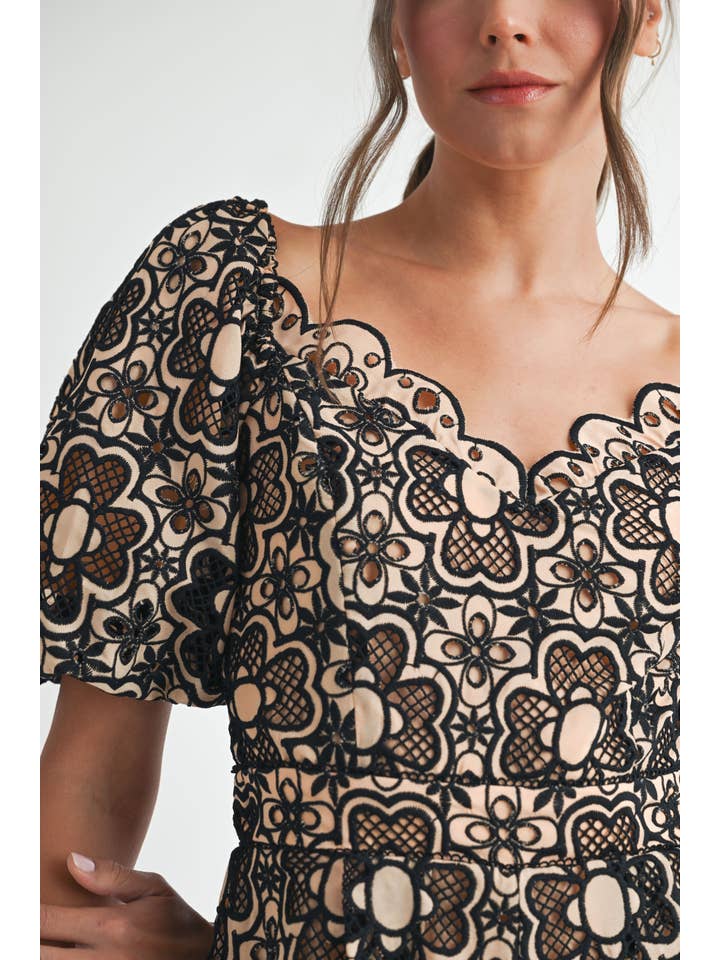 Short Sleeve Crochet Romper - Taupe / Black