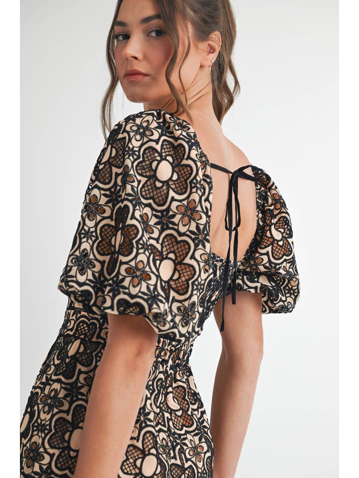 Short Sleeve Crochet Romper - Taupe / Black