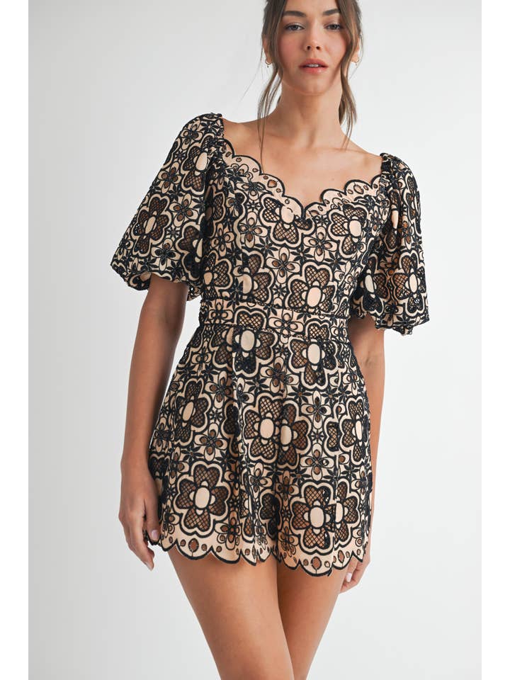 Short Sleeve Crochet Romper - Taupe / Black