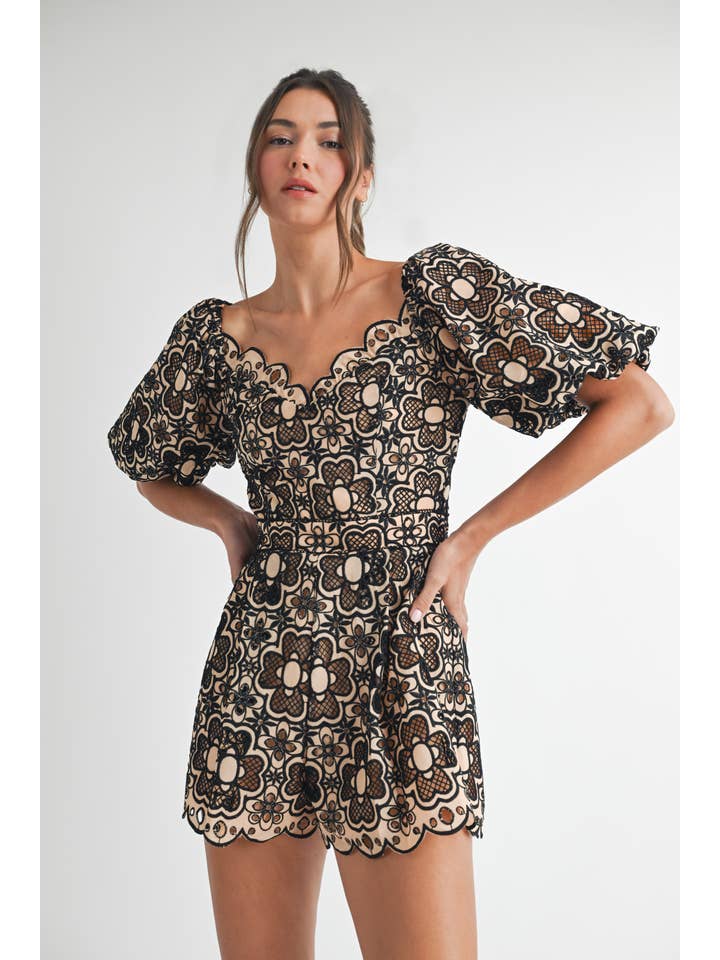 Short Sleeve Crochet Romper - Taupe / Black
