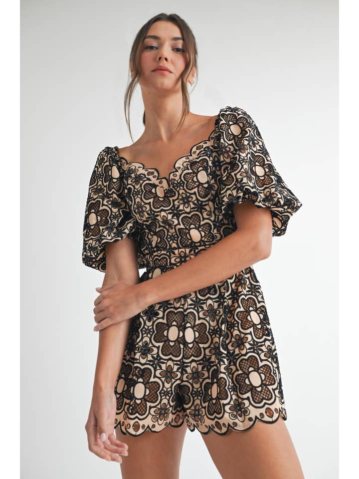 Short Sleeve Crochet Romper - Taupe / Black