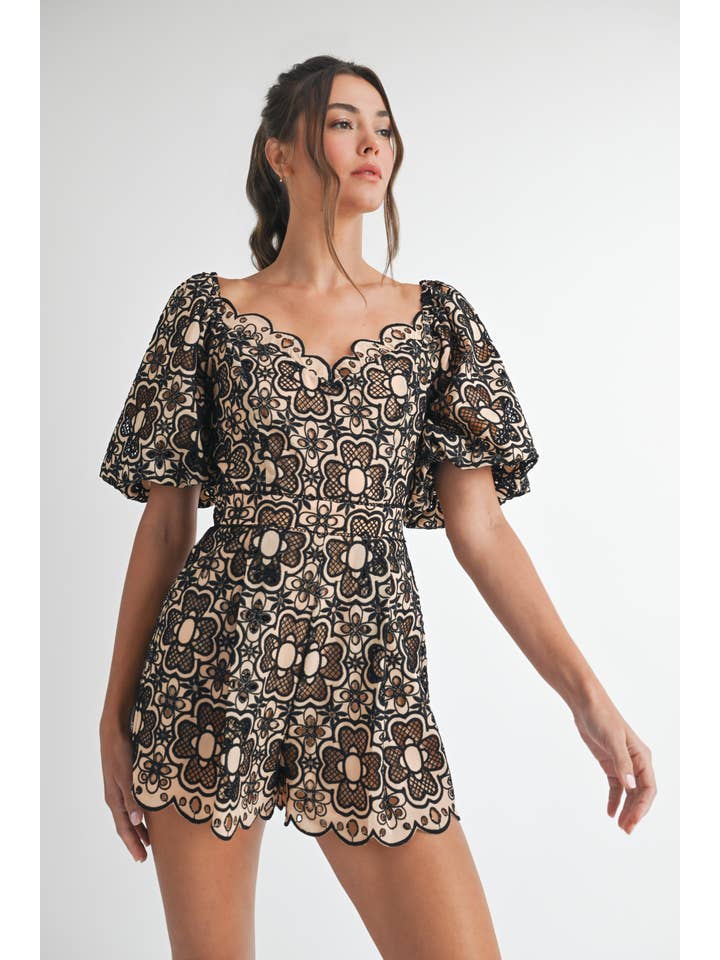 Short Sleeve Crochet Romper - Taupe / Black