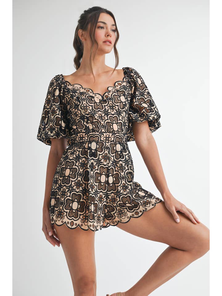Short Sleeve Crochet Romper - Taupe / Black