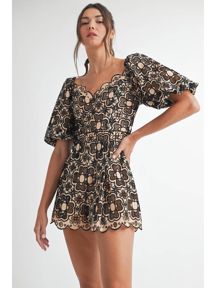 Short Sleeve Crochet Romper - Taupe / Black