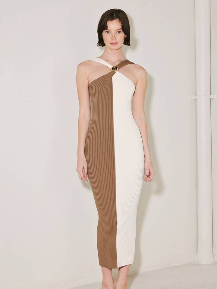 Color Block Sweater Knit Midi Dress - Cream / Brown