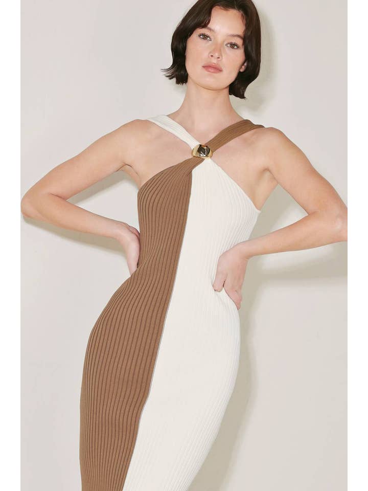 Color Block Sweater Knit Midi Dress - Cream / Brown
