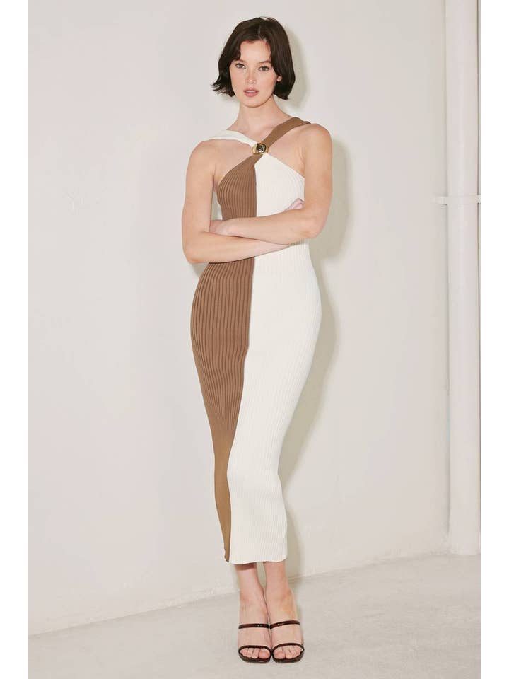 Color Block Sweater Knit Midi Dress - Cream / Brown