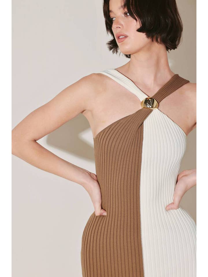 Color Block Sweater Knit Midi Dress - Cream / Brown