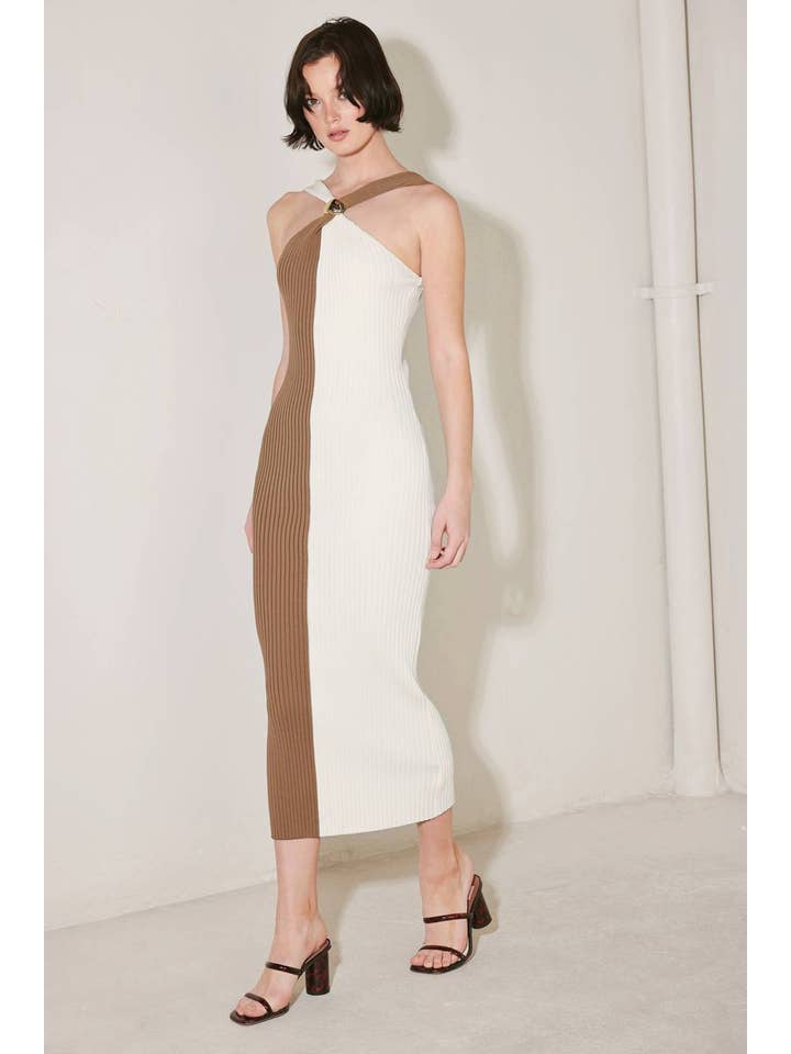 Color Block Sweater Knit Midi Dress - Cream / Brown