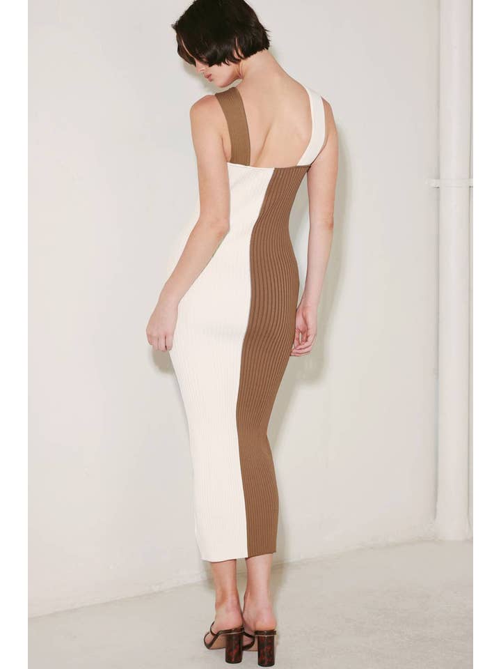 Color Block Sweater Knit Midi Dress - Cream / Brown