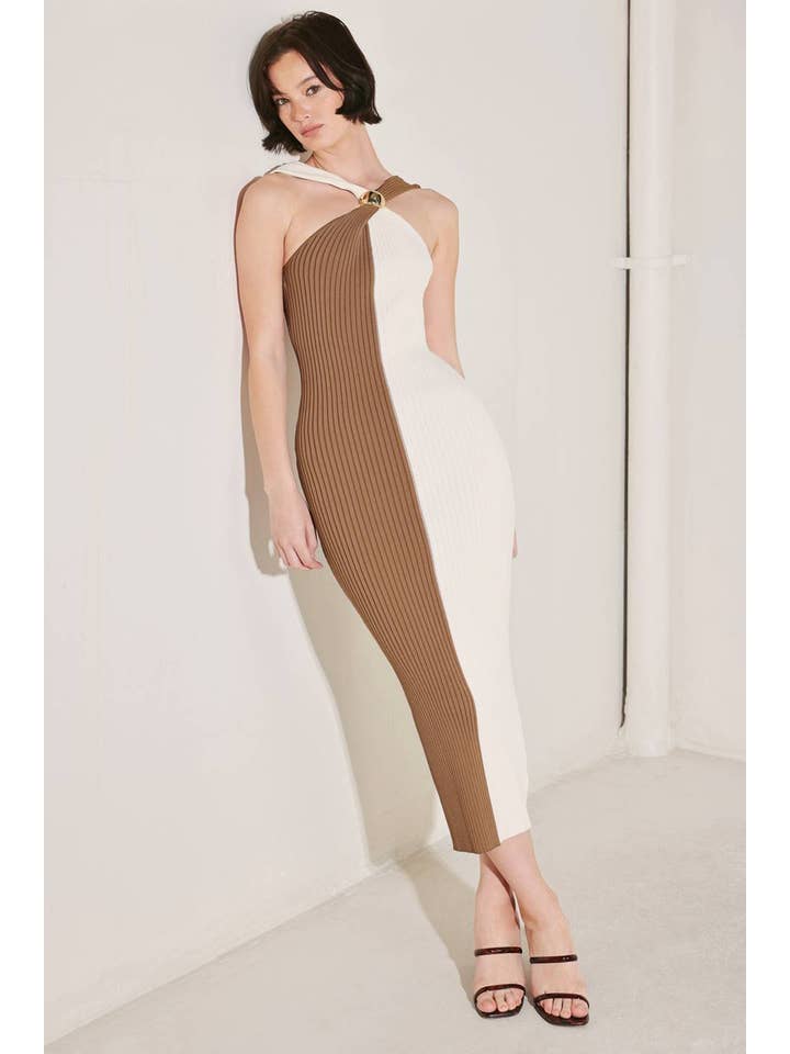 Color Block Sweater Knit Midi Dress - Cream / Brown