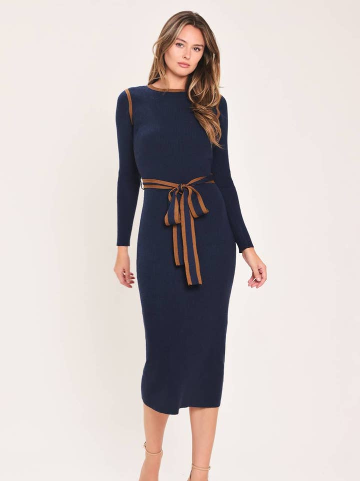 Ribbed Tie Detail Sweater Midi Dress - Navy