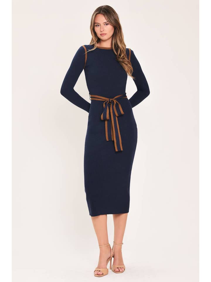 Ribbed Tie Detail Sweater Midi Dress - Navy
