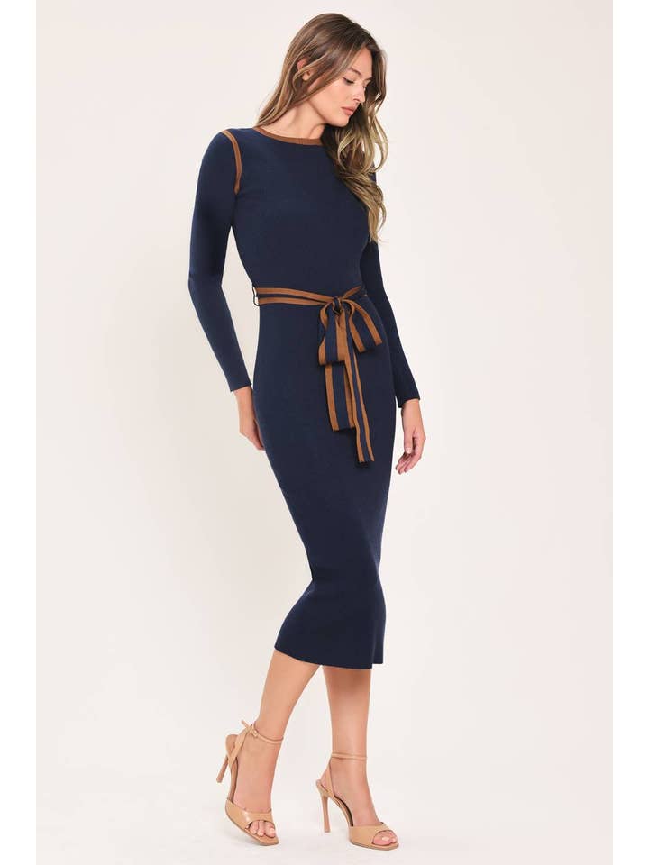 Ribbed Tie Detail Sweater Midi Dress - Navy
