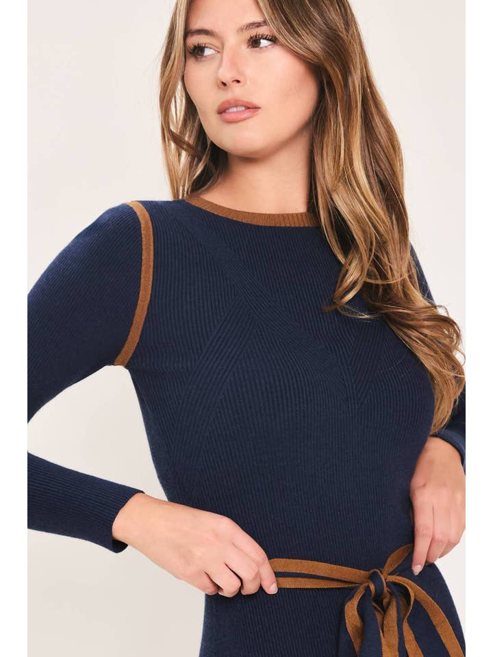 Ribbed Tie Detail Sweater Midi Dress - Navy