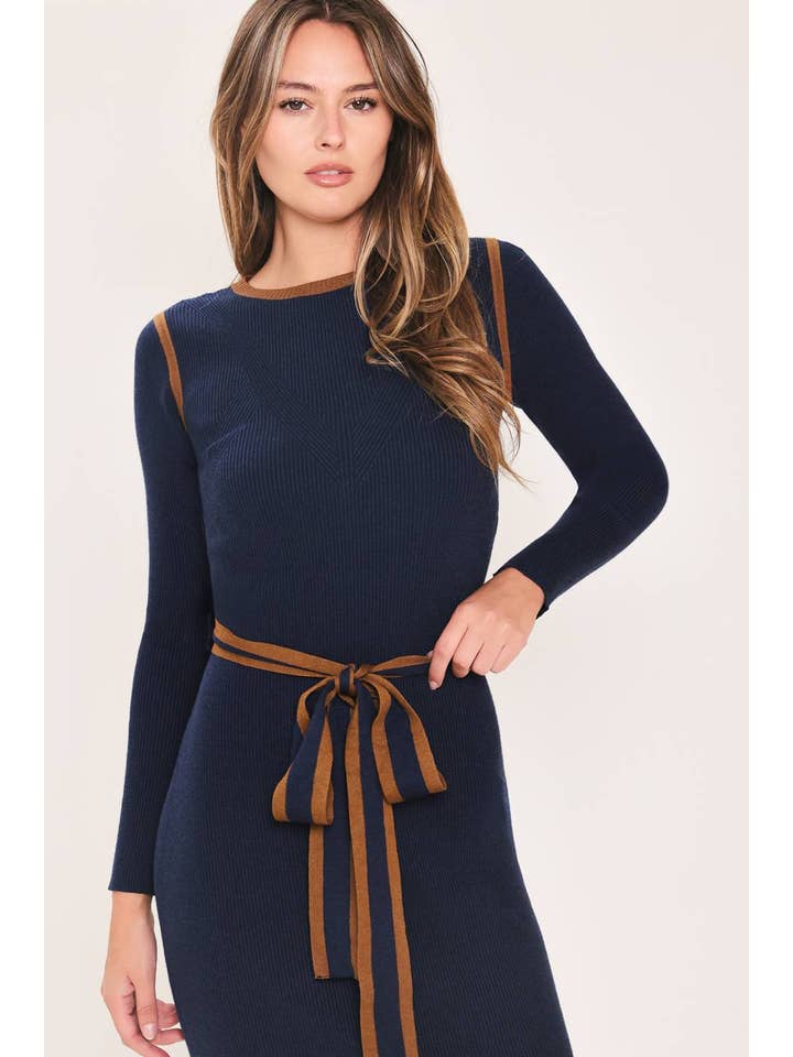 Ribbed Tie Detail Sweater Midi Dress - Navy