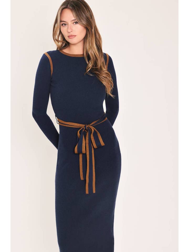 Ribbed Tie Detail Sweater Midi Dress - Navy
