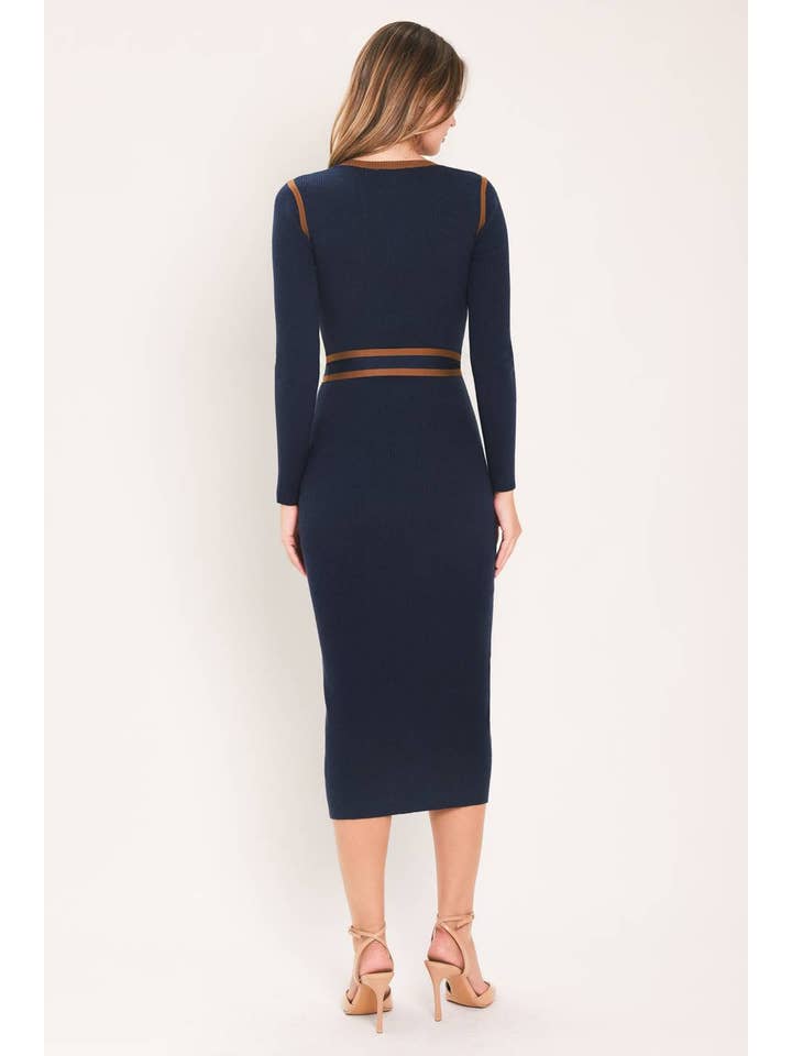 Ribbed Tie Detail Sweater Midi Dress - Navy