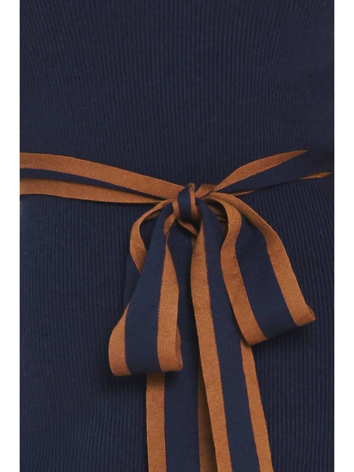 Ribbed Tie Detail Sweater Midi Dress - Navy