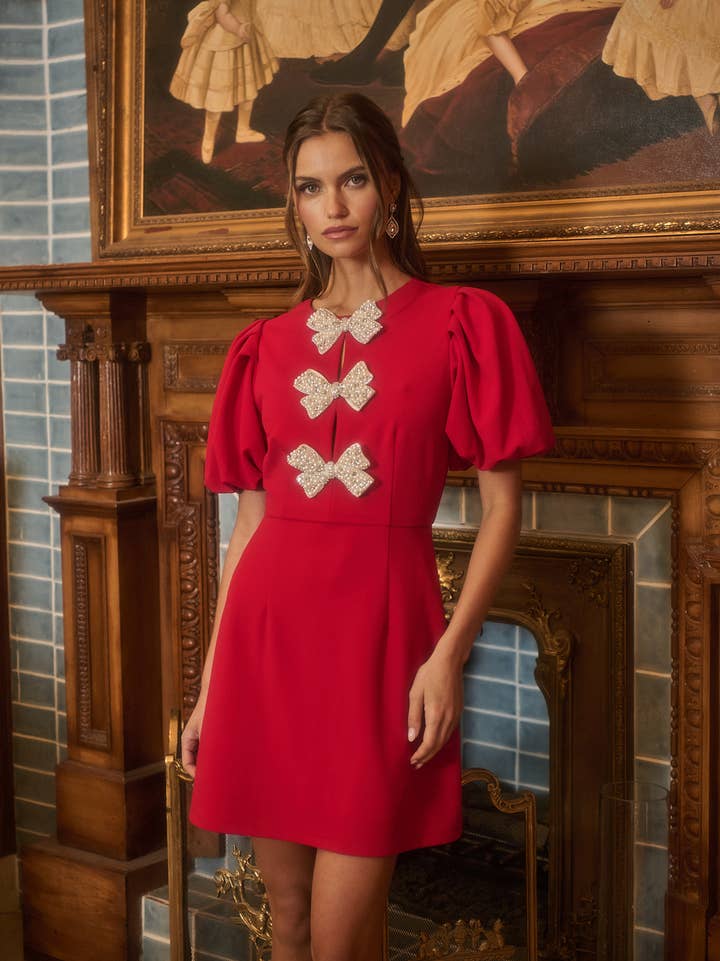 Cherry Belle Pearl Bow Mini Dress - Red
