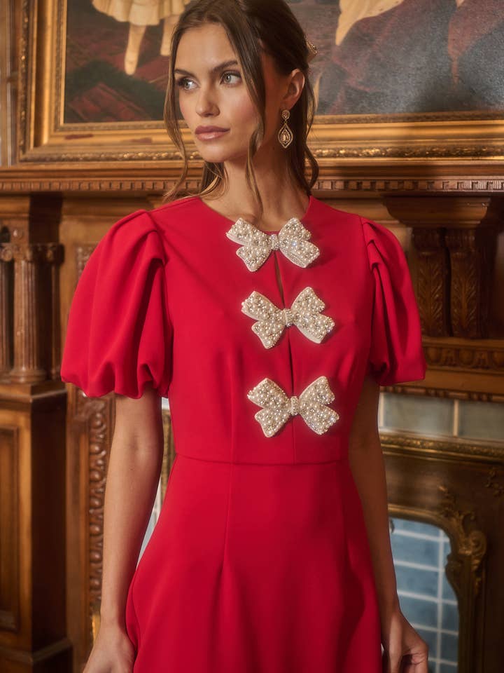 Cherry Belle Pearl Bow Mini Dress - Red