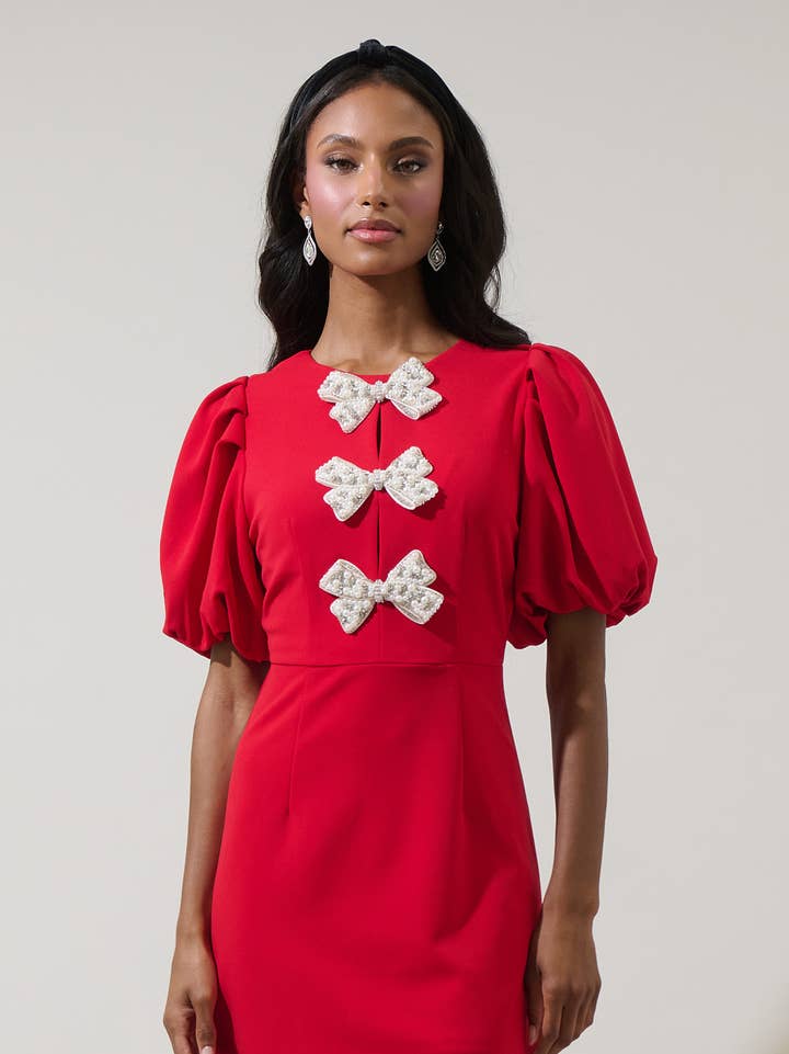 Cherry Belle Pearl Bow Mini Dress - Red
