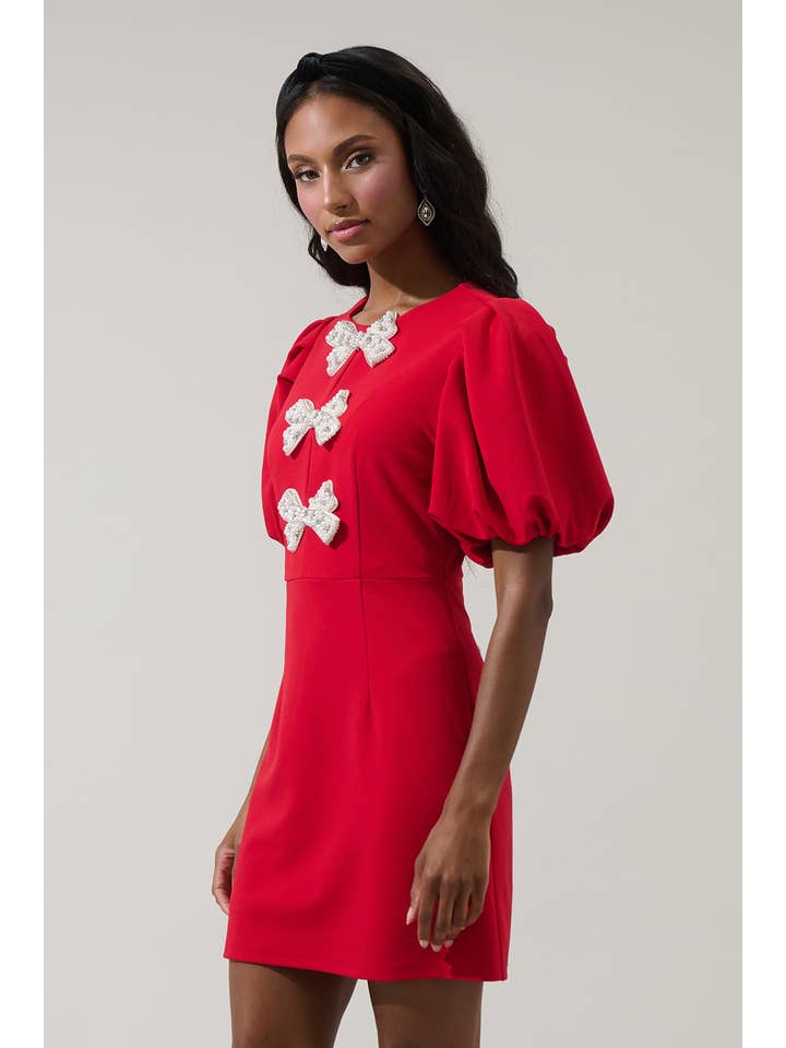 Cherry Belle Pearl Bow Mini Dress - Red