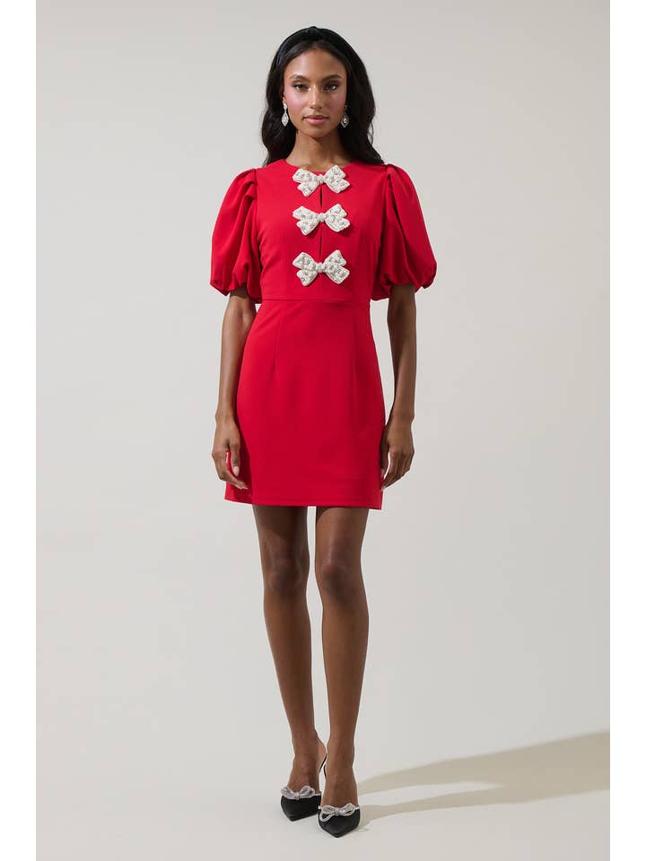 Cherry Belle Pearl Bow Mini Dress - Red