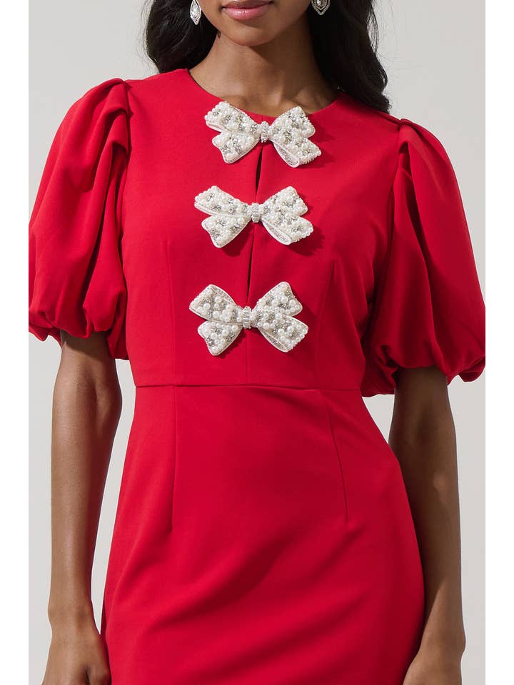 Cherry Belle Pearl Bow Mini Dress - Red