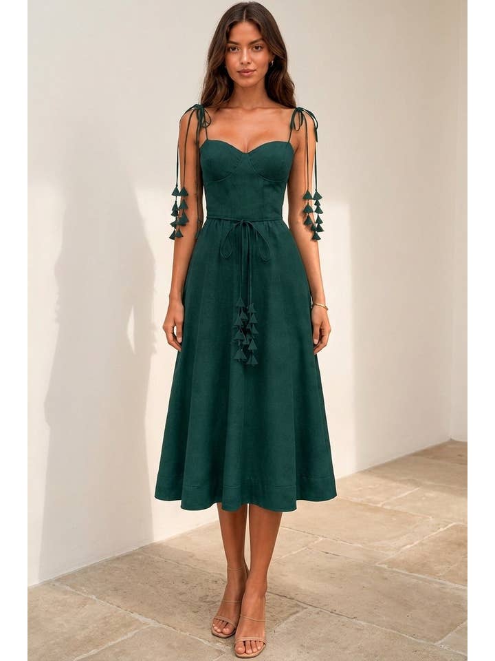 Enchanted Leaf Tie Midi Dress - Hunter Green