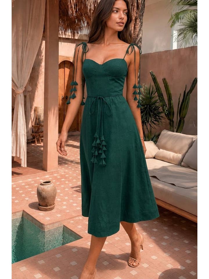 Enchanted Leaf Tie Midi Dress - Hunter Green