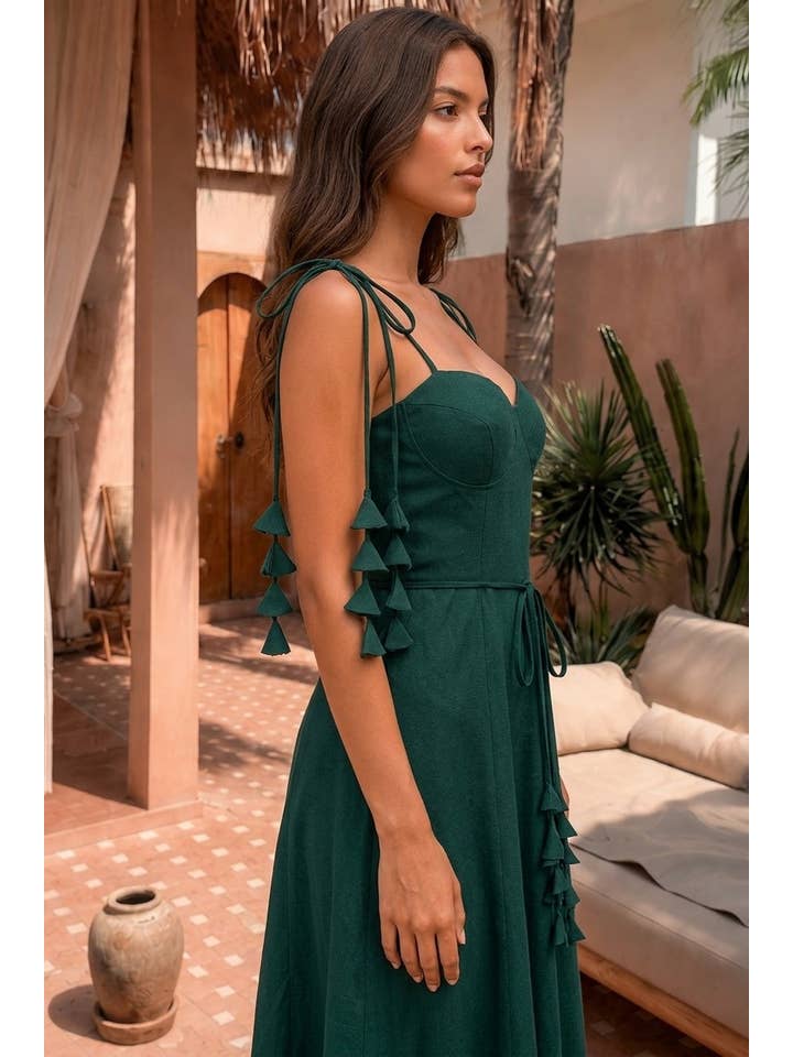 Enchanted Leaf Tie Midi Dress - Hunter Green