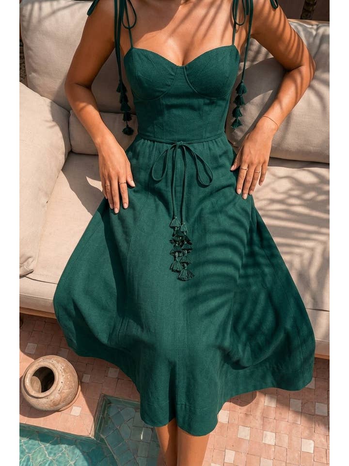 Enchanted Leaf Tie Midi Dress - Hunter Green